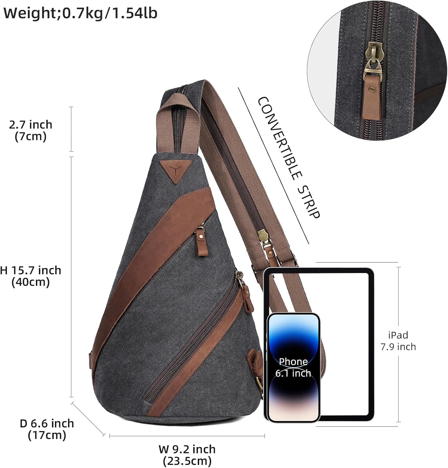 KL928 Canvas Sling Bag for Men Women, Genuine Leather Design Shoulder Crossbody Bags Backpacks Travel Daypack with Earphone Hole Rucksack, Black