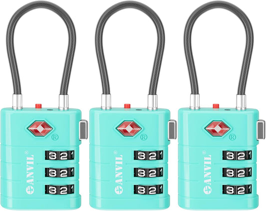 ANVIL TSA Approved Luggage Locks – High Security TSA008 Combination Travel Locks with Inspection Indicator for Suitcases and Backpacks. (3, Cyan)