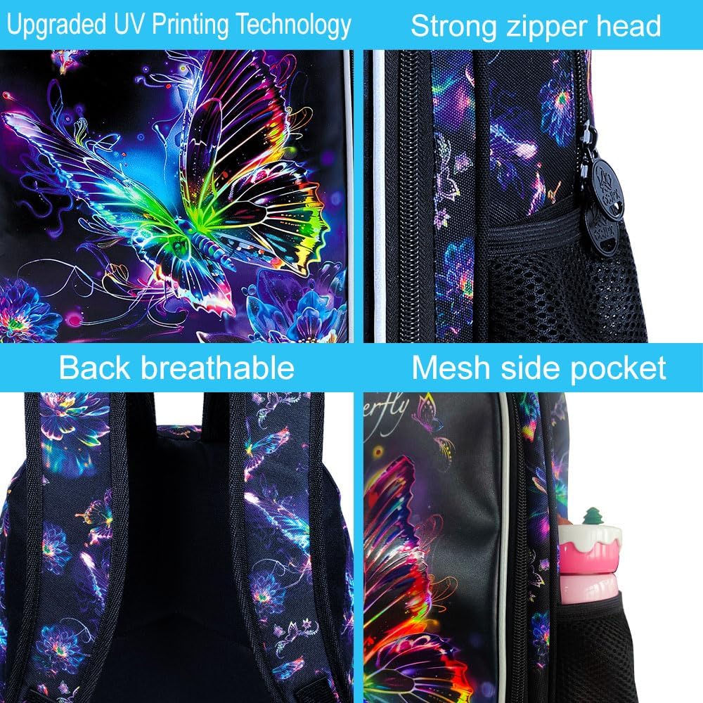 CCJPX 3PCS Backpack for Girls, 16 Inch Butterfly Preschool School Backpacks with Lunch Box, Water Resistant Bookbag with Elementary Toddler Travel