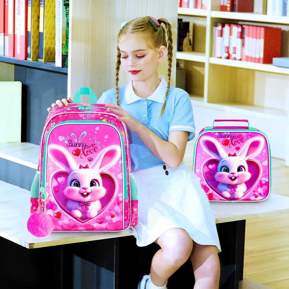 3PCS Girls Backpack, Kids Water Resistant Heart Bookbag Set with Lunch Box, Cute Kids School Bag for Preschool Toddler