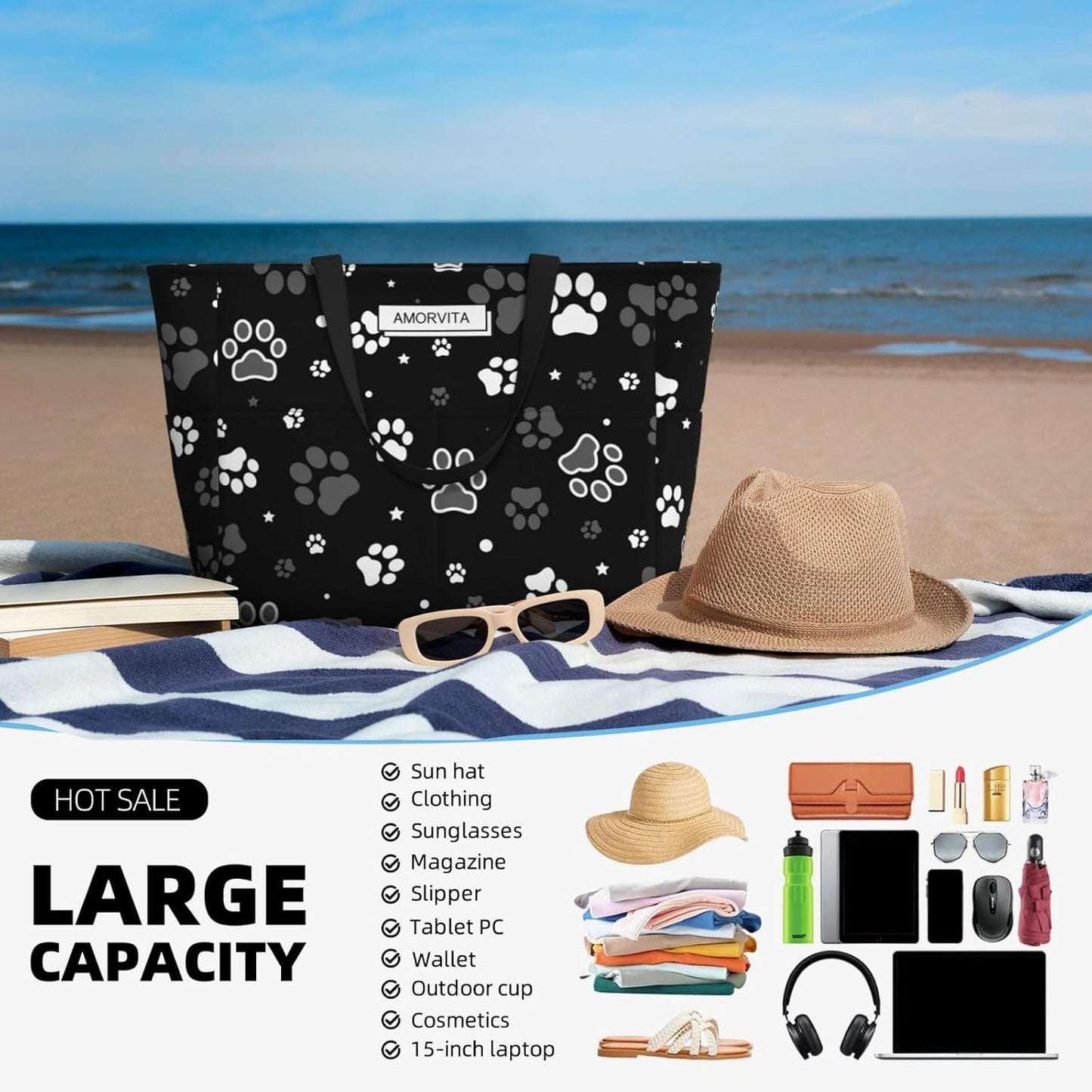 Large Travel Beach Tote Bag with Zipper Pockets Portable Lightweight Gym Bag Picnic Outdoor