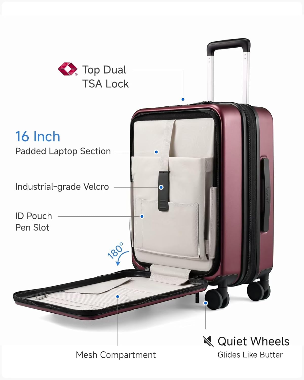 Carry On Luggage 22x14x9 Airline Approved, FLO5 Expandable Polycarbonate Suitcase with Front Pocket (FX-Core, Cheery, 20 Inch)