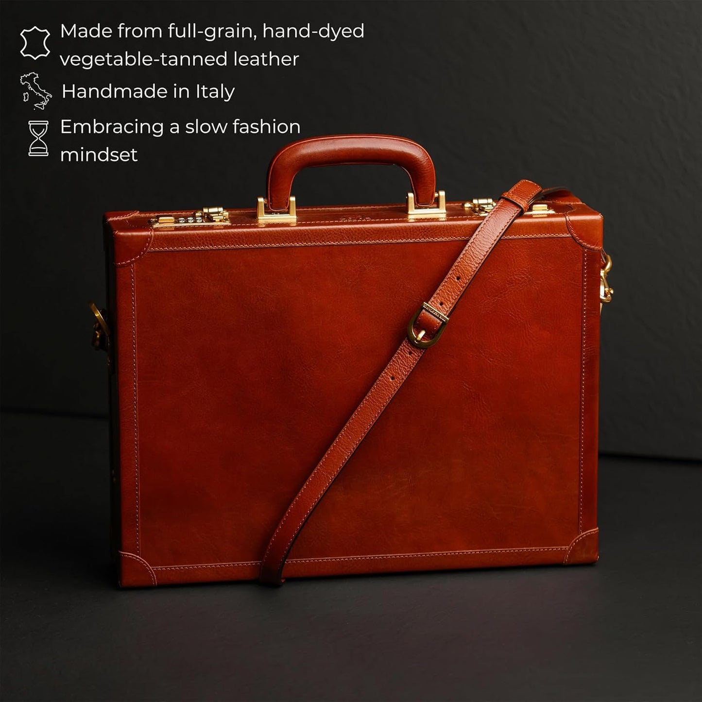 Time Resistance Leather Attache Case - Full Grain Italian Leather Briefcase - Laptop Bag up to 15”