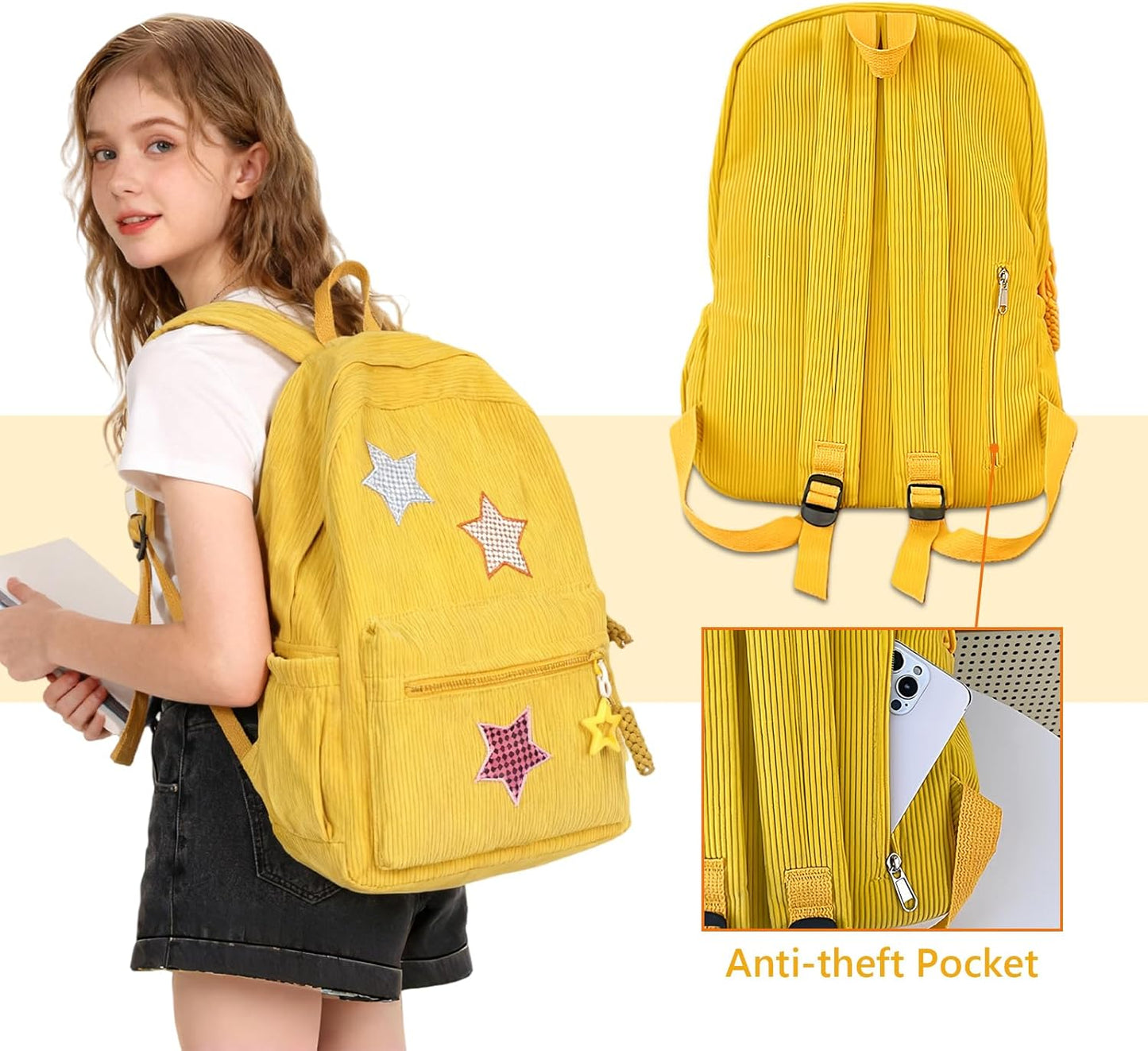Corduroy Backpack with Star Pattern, Trendy and Versatile, Fits 14'' Laptop Large Capacity Daily Commute (Yellow)