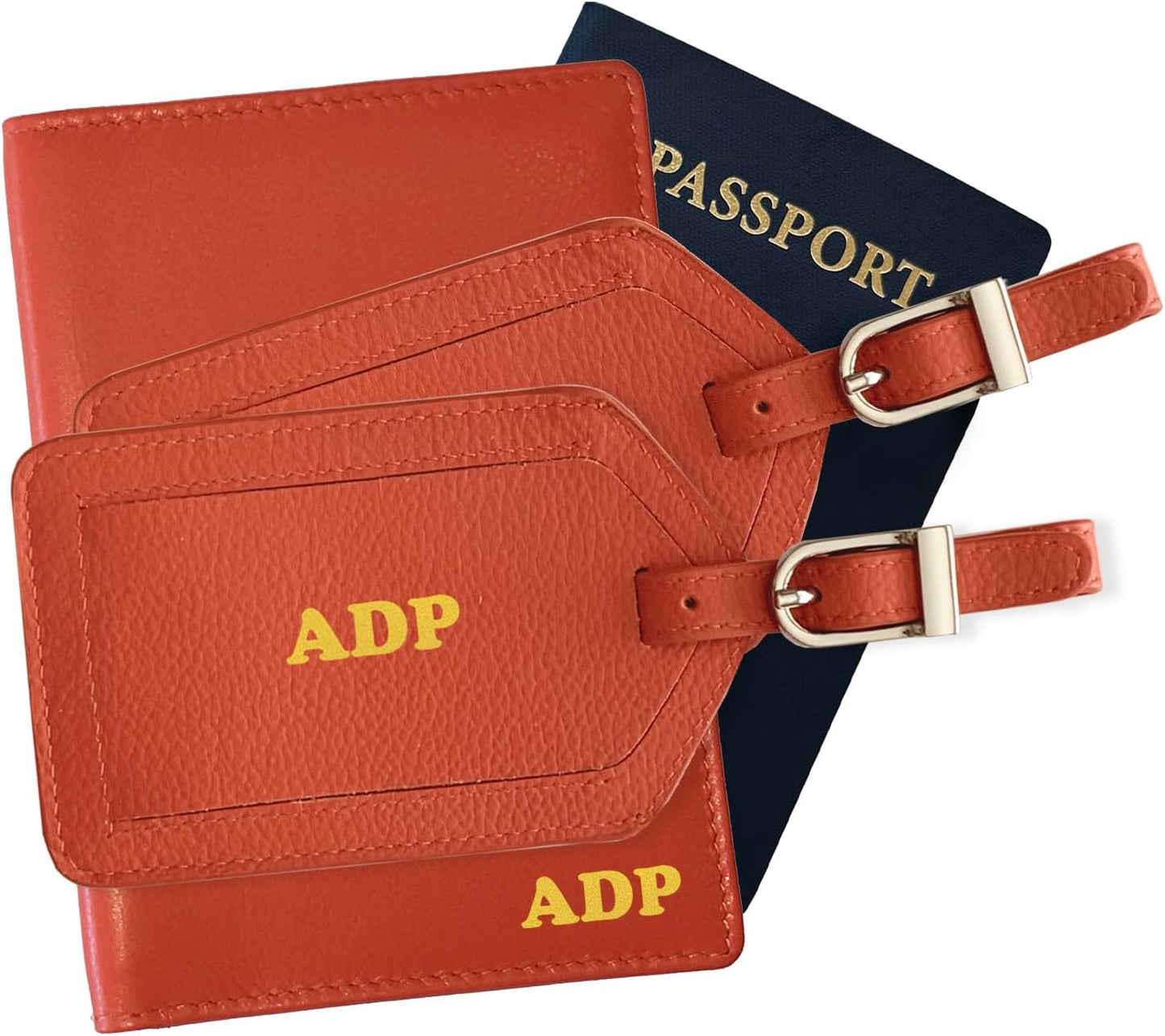 Personalized Monogrammed Orange Leather RFID Passport Wallet and 2 Luggage Tags
