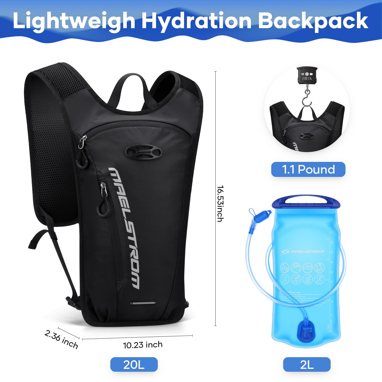 Maelstrom Hydration Backpack with 2L Water Bladder,Lightweight Running Vest