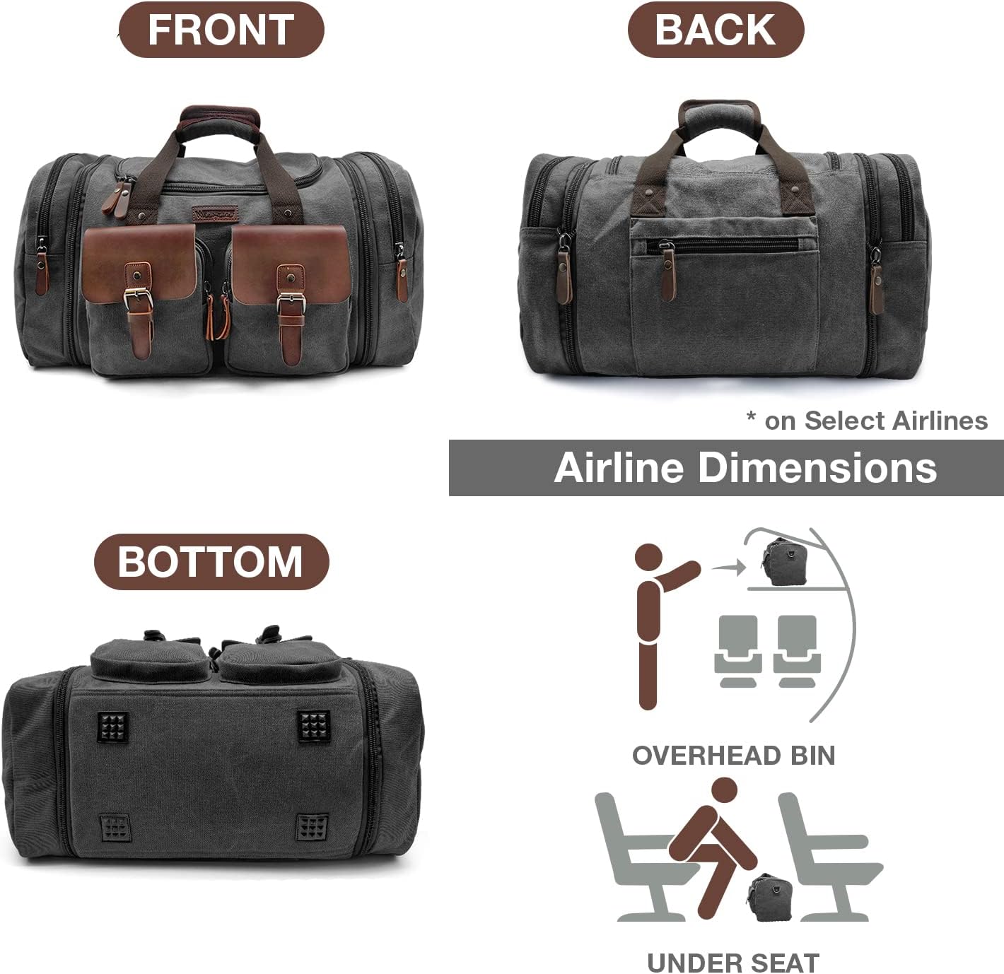 Wildroad 60L Travel Duffel Bag, Expandable Canvas Genuine Leather Duffle Bag Upgraded Overnight