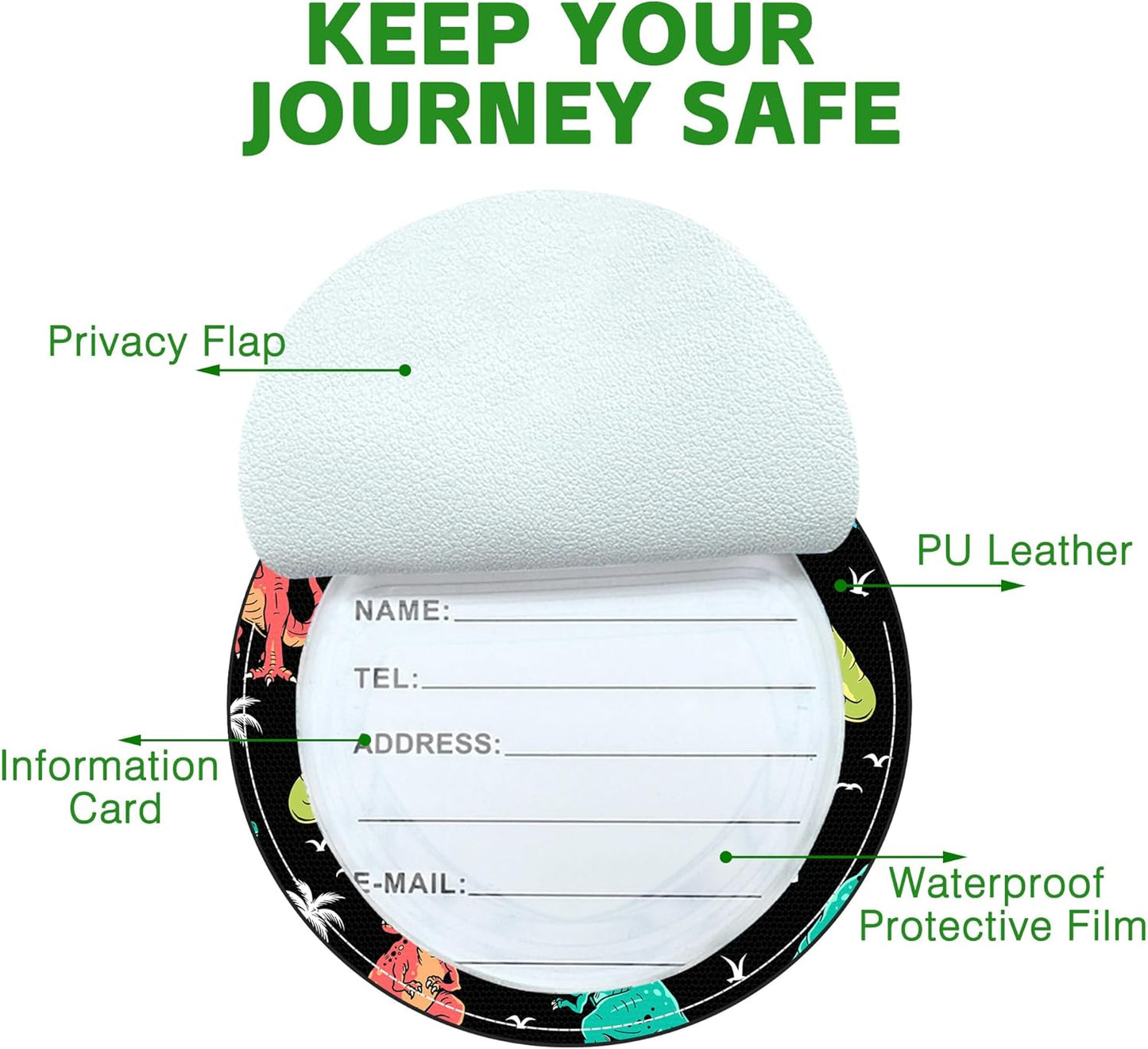 Round Cute Luggage Tags 2 Pack Colored Dinosaur Creative Baggage Tags,Cruise Travel Baggage Suitcases Tag with Stainless Steel Loop ID Tag Privacy Flap