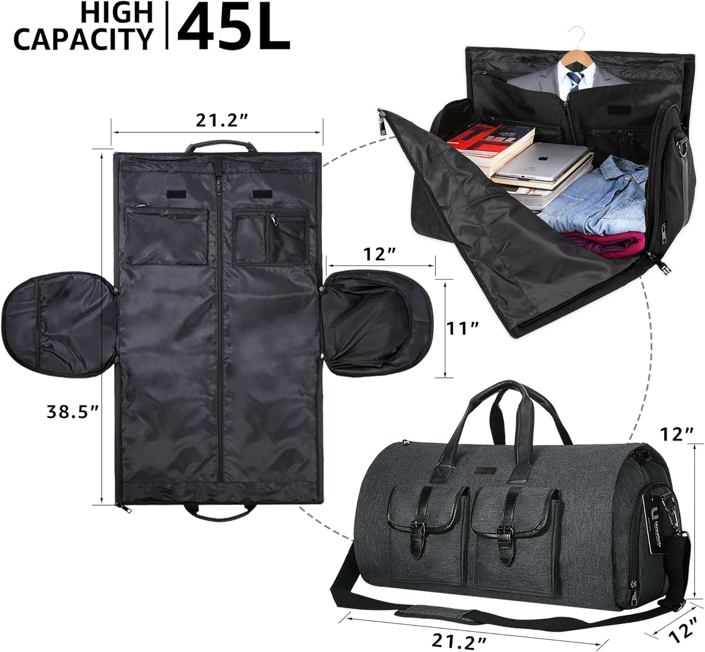 UNIQUEBELLA Convertible Garment Bag for Travel Carry on Garment Duffel Suit Bag with Shoe Compartment Weekend Flight Bag for Men