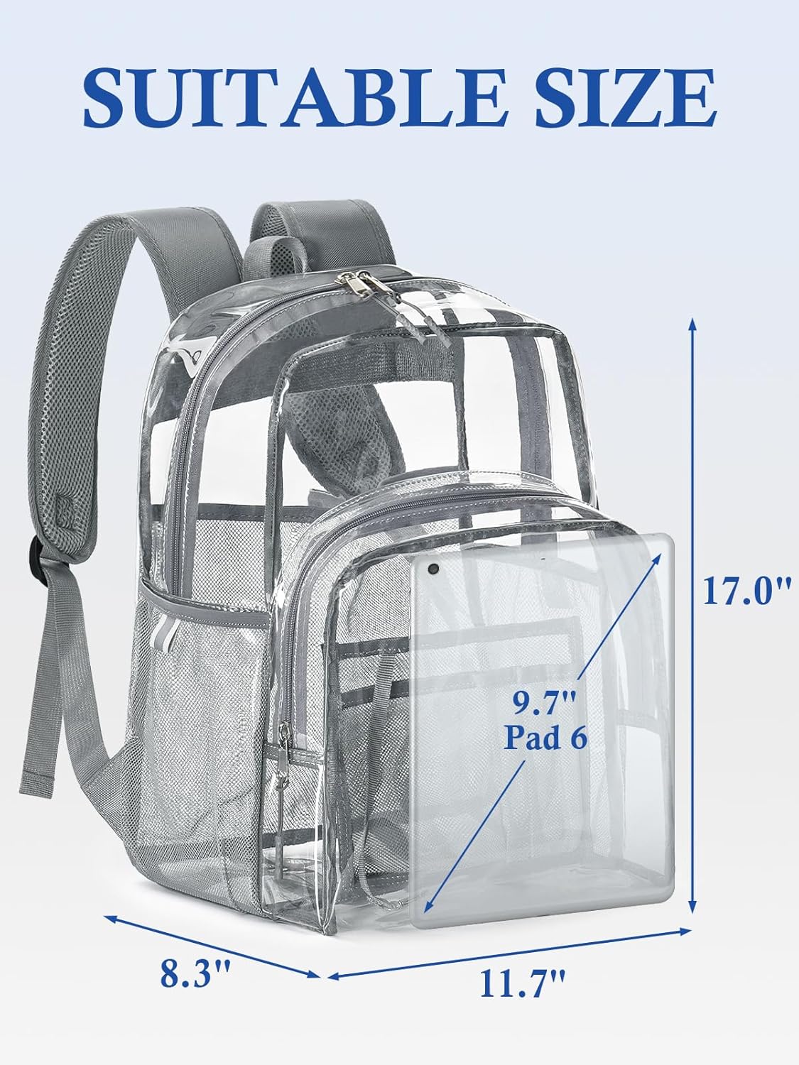 Clear Backpack for School, 17 inch Large Heavy Duty-TPU See Through Bookbag for Boys Girls and Adult, Transparent Backpack With Multi-Pockets for College Work Gym Sport, Light Grey