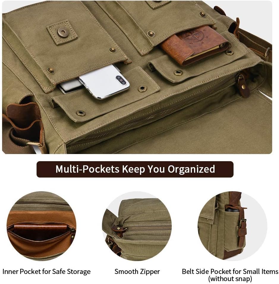 Kattee Military Messenger Bag Canvas Leather Shoulder Bag