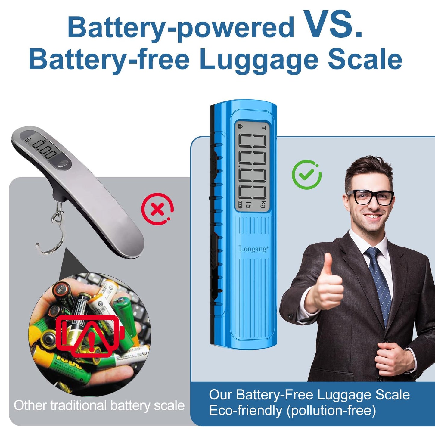 Battery-Free Digital Luggage Scale, 110lbs/50kg Portable Handheld Hanging Scale for Luggages, Suitcases, Backpacks & Bags, Easy Weighing for Travel, No Need Batteries (Blue)