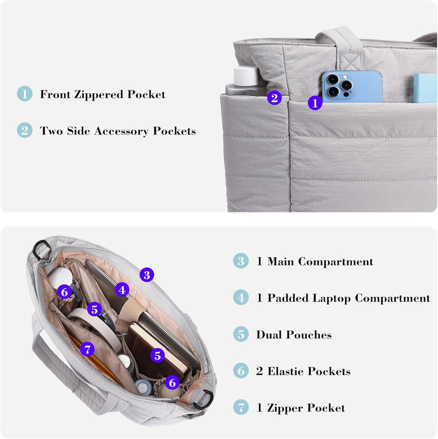 AOCINA Puffy Tote Bag for Women Quilted Work Bag Nurse Bags Women's Handbags for Travel
