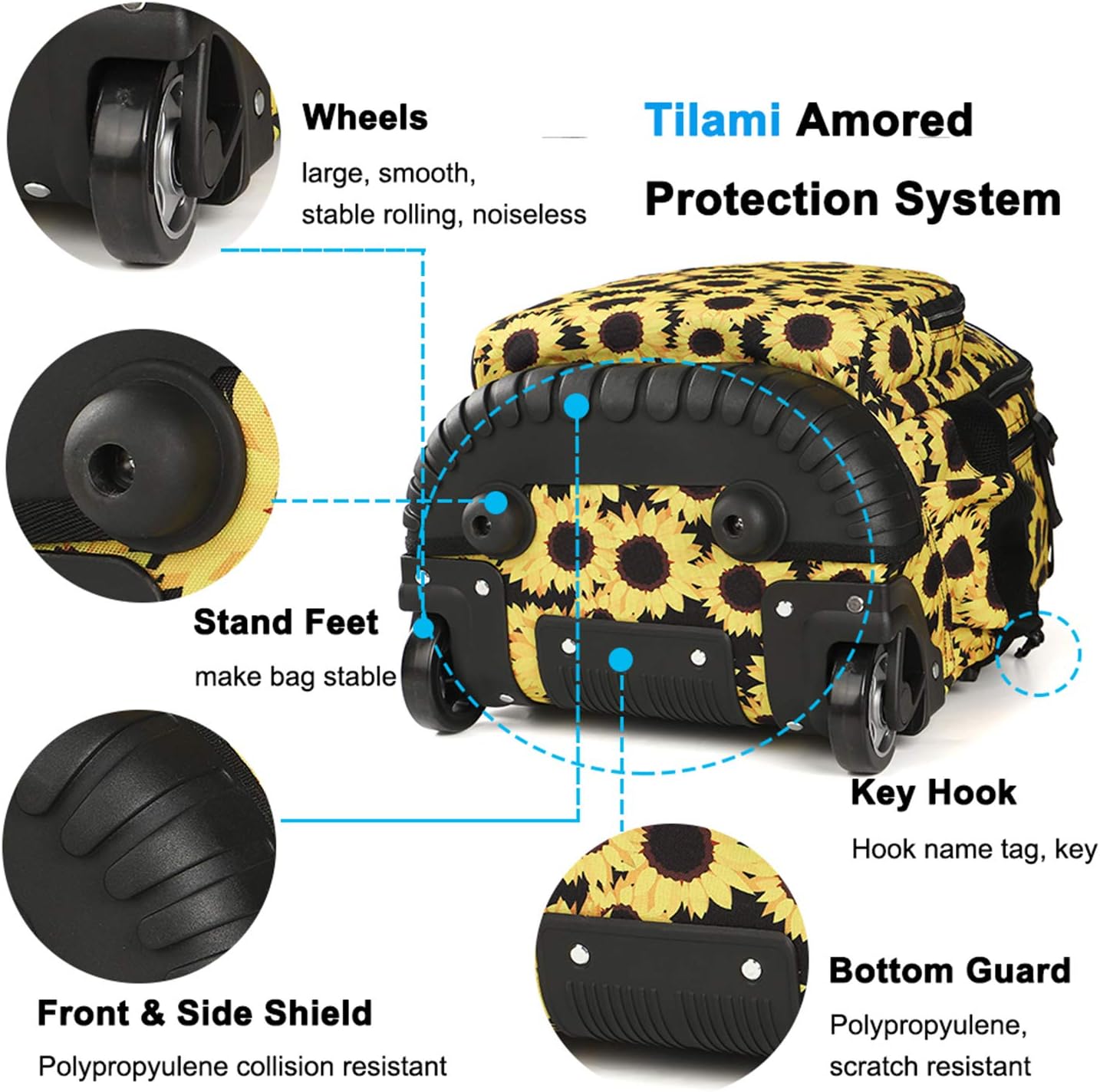 Tilami Rolling Backpack 18 inch Wheeled Laptop Backpack School College Student Travel Trip Boys and Girls (Sunflower)