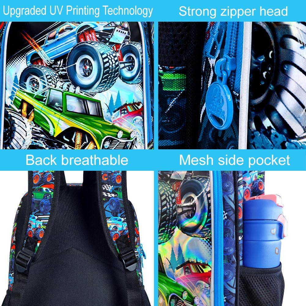 CCJPX 16" Truck Backpack for Boys, 3PCS Cars Kids Water Resistant Preschool Bookbags, Cool Kindergarten School Backpacks and Lunch Box