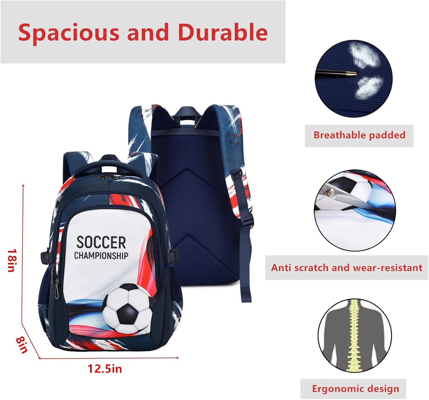 Boys Backpack Kids Bookbag Durable Elementary Middle School Bags Soccer 18in (white)