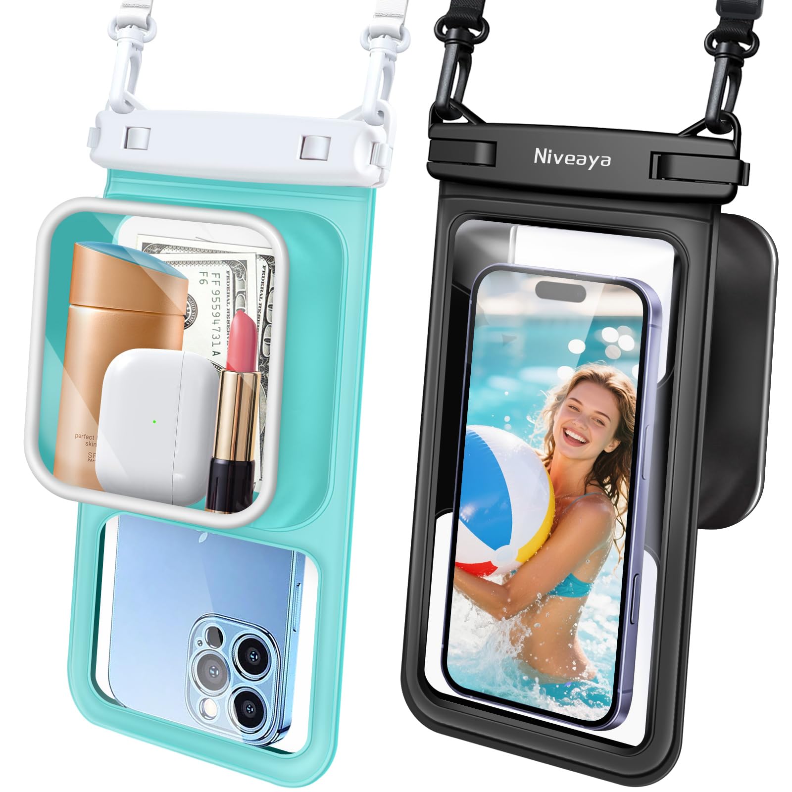 Niveaya 2 Pack IPX8 Waterproof Phone Pouch, Large Space Cell Phone Pouch Floating, Water Proof