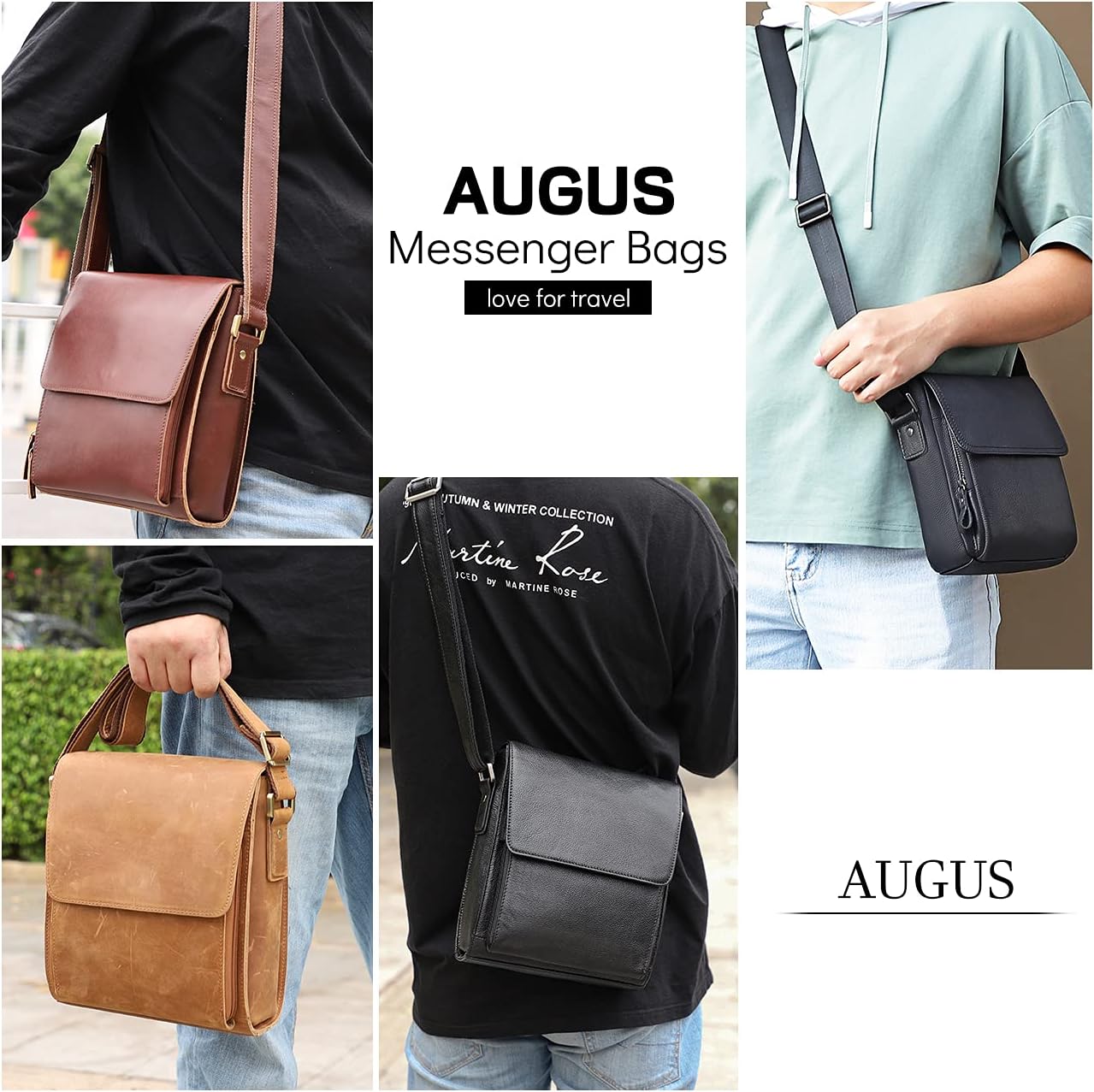 Augus Leather Messenger Crossbody Shoulder Bag for Men Work Business Casual Adjustable straps With