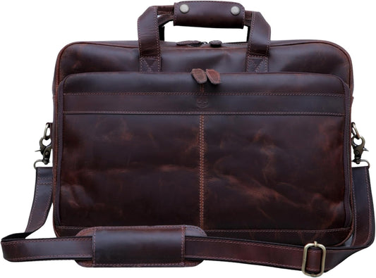 Handmade Full-Grain Leather Briefcase for Men & Women–17" Laptop Bag with Computer Compartment Office Satchel Bag