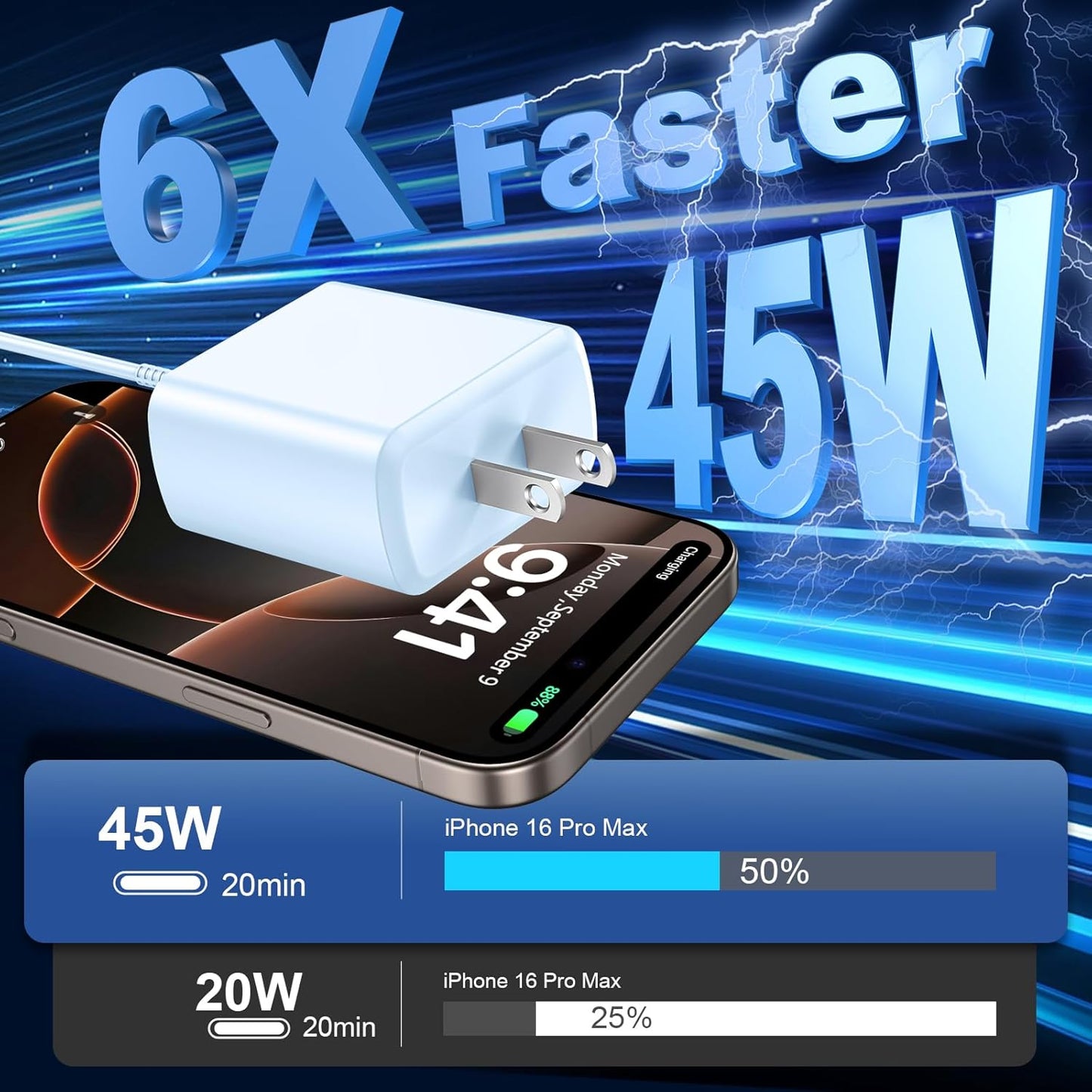 Phone 17 16 Pro Max Charger Fast Charging,45W Phone 17 Charger USB C Super Fast Charger Block&10FT Long Type C Charger Cable Cord for i.Phone 17/17 Pro/17 ProMax/Air/16/16Pro Max,Blue/Pink