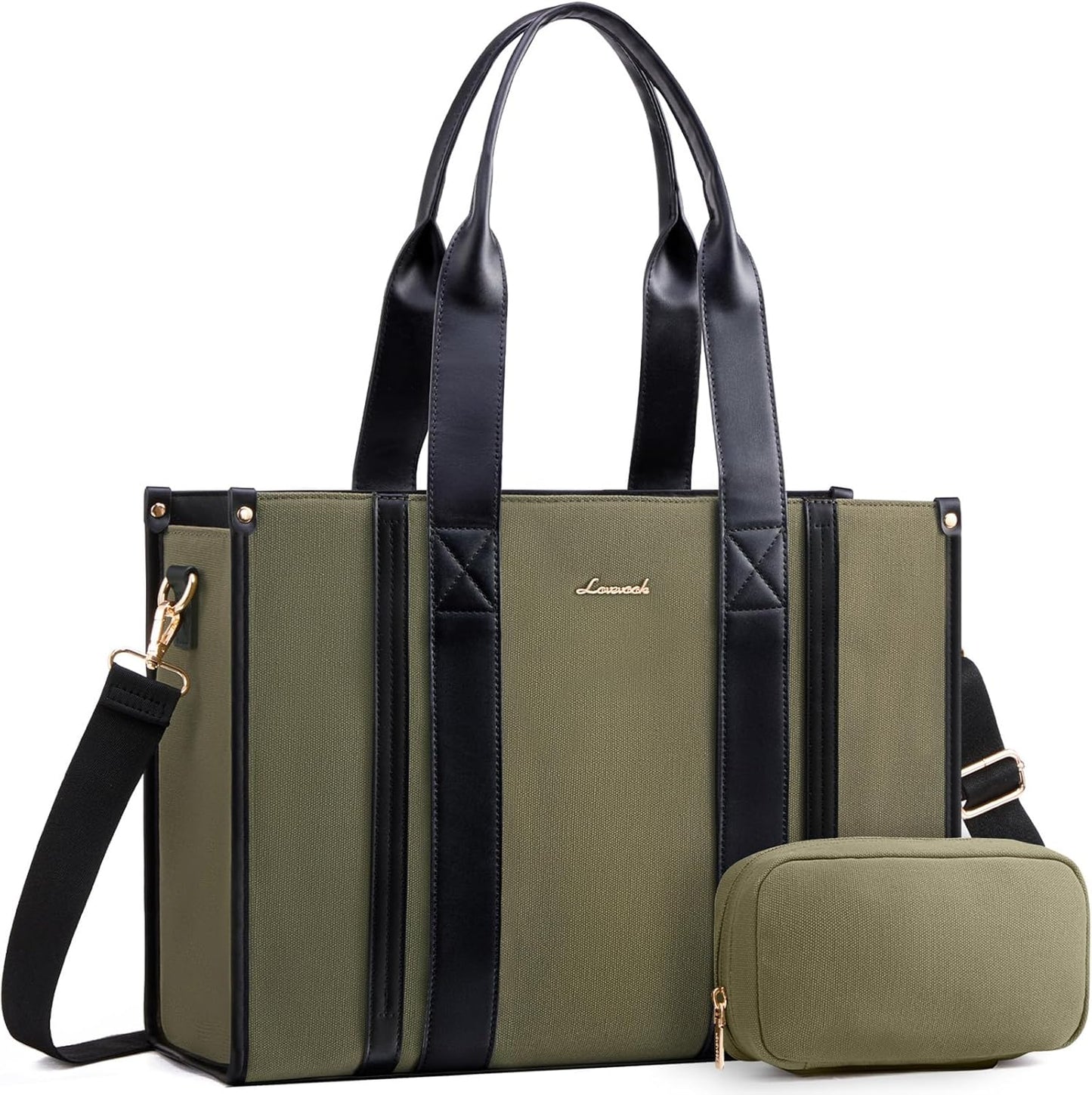 LOVEVOOK laptop bag for women 15.6 inch large Lightweight canvas work tote bags with Clutch Purse water resistant computer bags for laptops for women Business Office Travel college Casual, green black