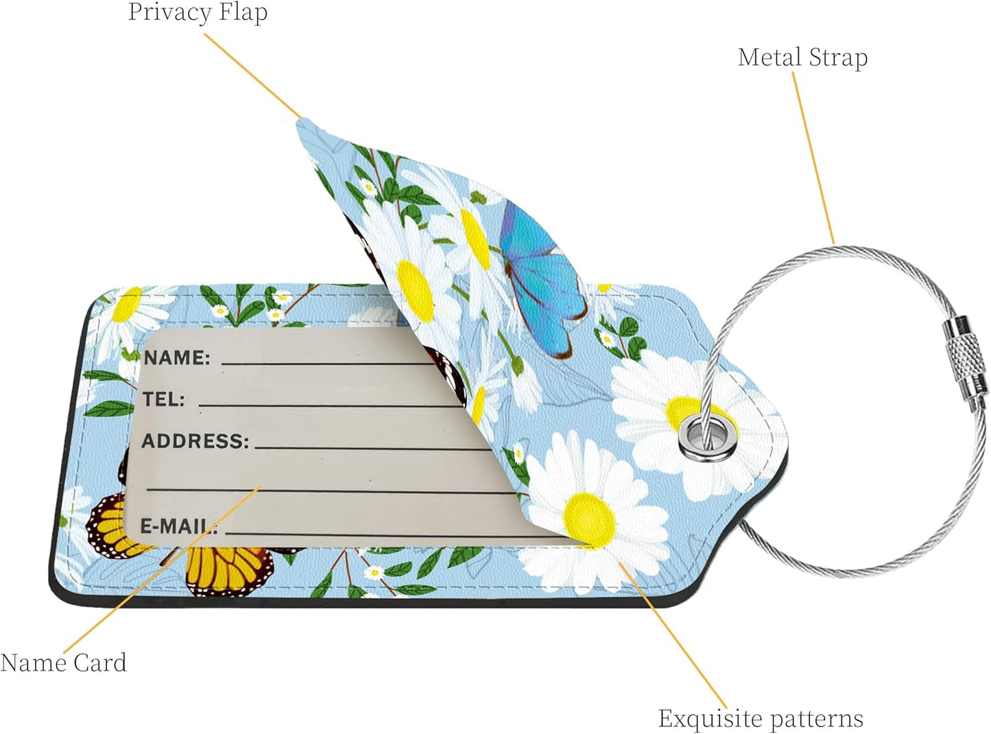 2 Pcs Luggage Tags for Suitcase, Cute Unique PU Leather Travel Bag Tag with Privacy Cover ID Label Address Card and Durable Metal Ring Suitable for Men Women Children Backpack,Butterflies and Flowers