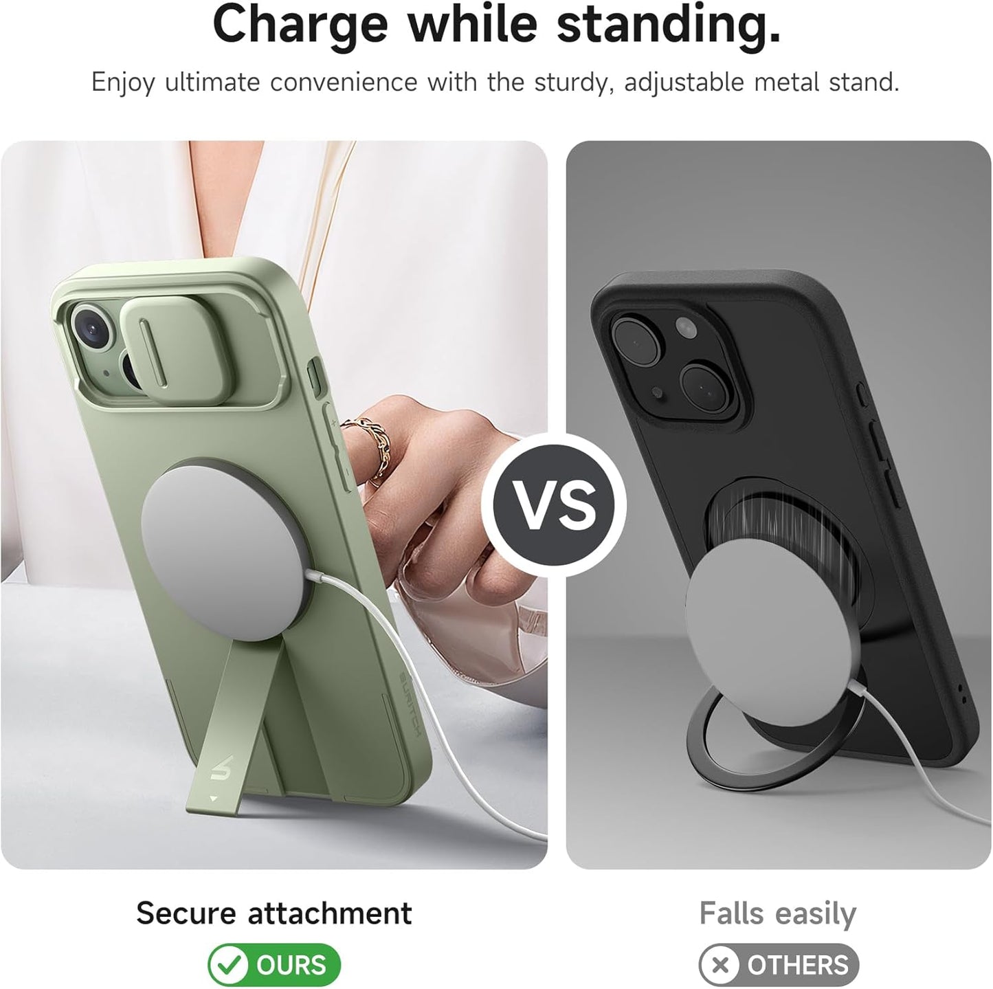 SURITCH for iPhone 14 Plus/15 Plus Case with Magnetic Camera Slide Cover and Adjustable Kickstand