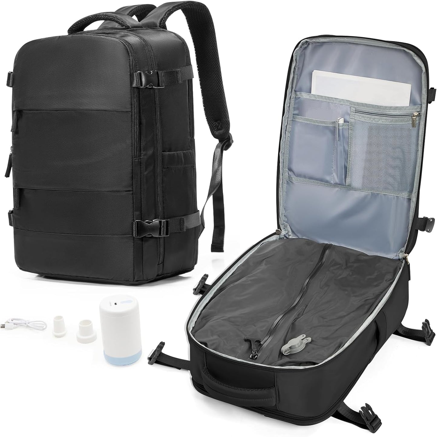 Vacuum Backpack Travel with Pump,Personal Item Carry on Vacpack Backpacks Flight Approved 18x14x8 inches for Men,Mochila compresion al vacio,Black