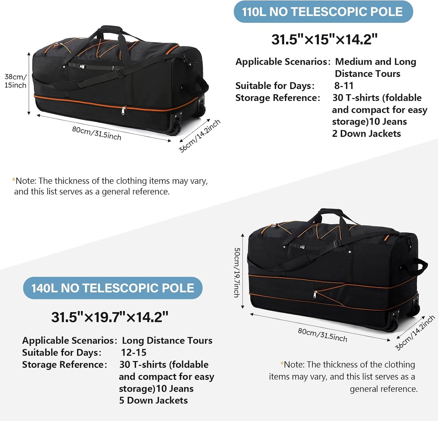 32” 1680D Oxford Foldable Duffle Bag with 2 Wheels,110L to 140L Expandable Soft Sided Rolling Travel Bag,Black-orange