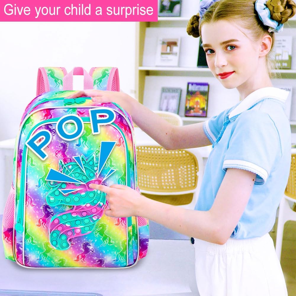 AGSDON 3PCS Backpack for Girls, 16'' Kids Unicorn Bookbag with Lunch Box, Kindergarten Backpacks for Elementary Toddler
