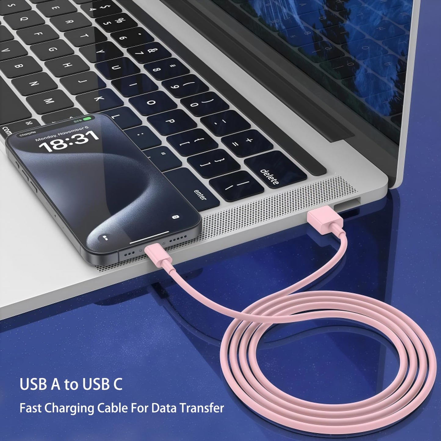 USB A to USB C Cable Pink Car Accessories iPhone 16 Pro Charger Cord Fast Type C Charging For iPhone 17 Air 15 Pro Max 16 Plus/16e, iPad Air 13/11, Samsung Galaxy Z Flip 7/6/5/4/Z Fold SE/A16/A15(3ft)