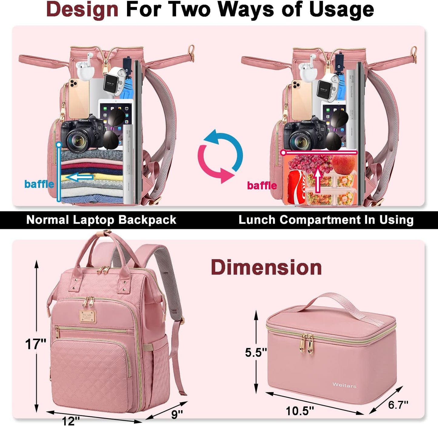 Weitars Lunch Backpack For Women,15.6 Inch Laptop Backpacks For Womens Back pack, Travel