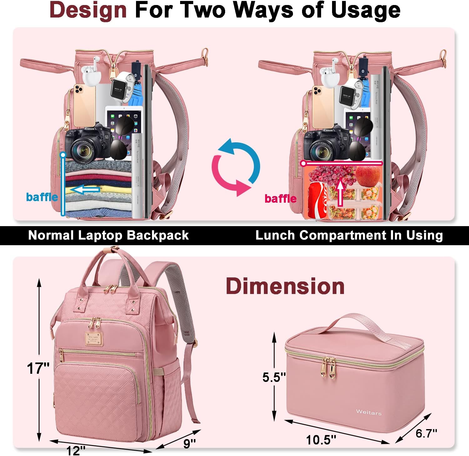 Weitars Lunch Backpack For Women,15.6 Inch Laptop Backpacks For Womens Back pack, Travel