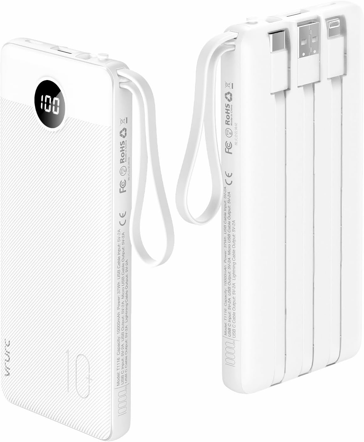 VRURC Portable Charger Power Bank, 10000mAh Travel Essentials Battery Pack, 5 Outputs 2 Inputs Slim Charing Bank Built-in Cables Cords Wires Compatible with iPhone,Samsung,Android-White(1 Pack)