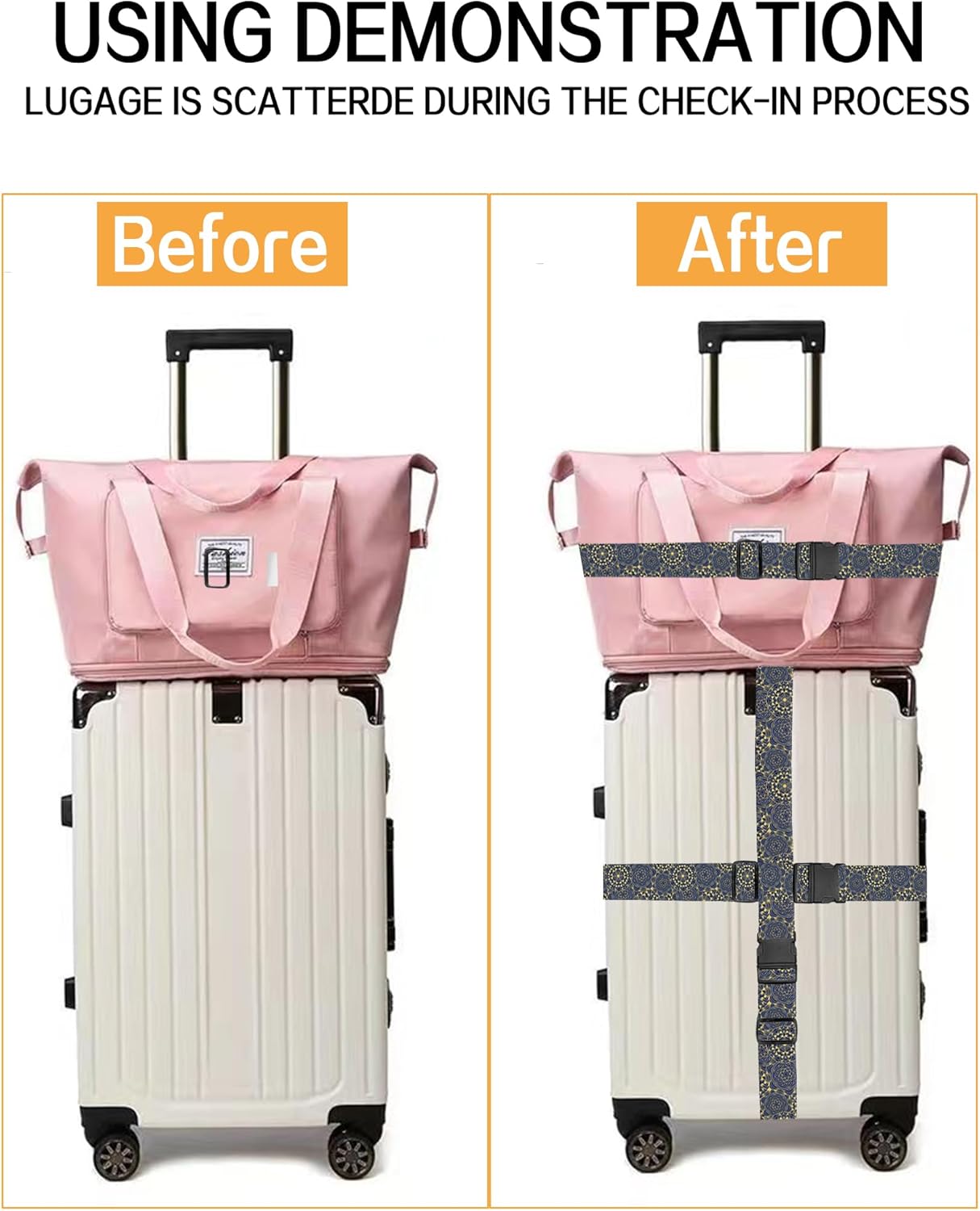 Luggage Straps for Suitcases, Adjustable Travel Belt, Durable Wide Luggage Strap, Cute Suitcase Strap Identifiers with Buckle, Bag Straps for Luggage, Luxury Mandala Pattern