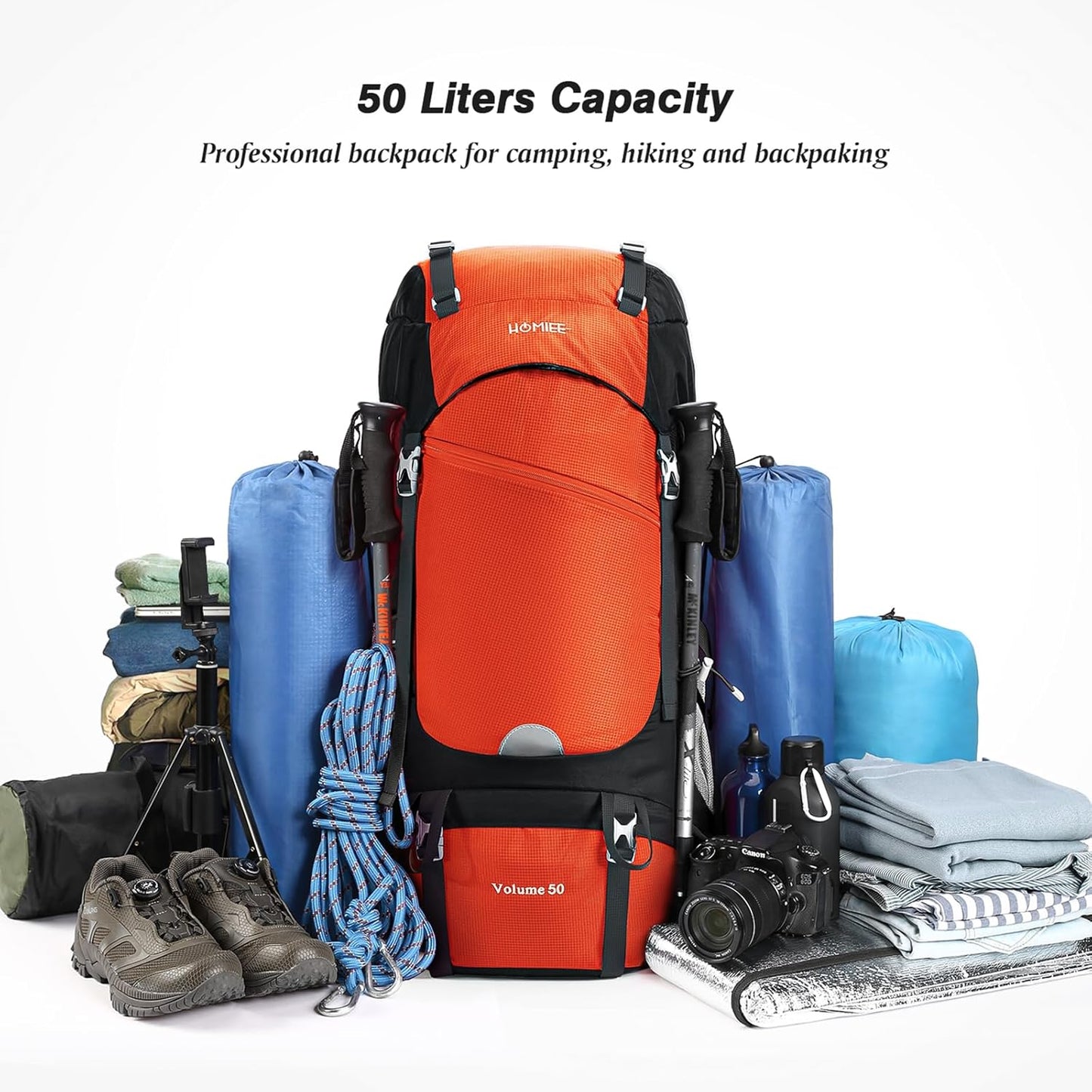 HOMIEE 50L Hiking Backpack Travel Bag Waterproof Camping Rucksack with Rain Cover Lightweight Backpacking Backpack