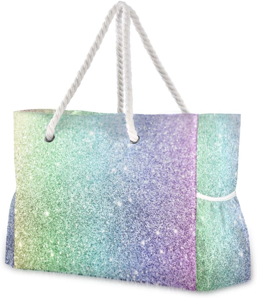 ALAZA Beach Bag, Rainbow Glitter Travel Tote Bags for Camping, Exercise