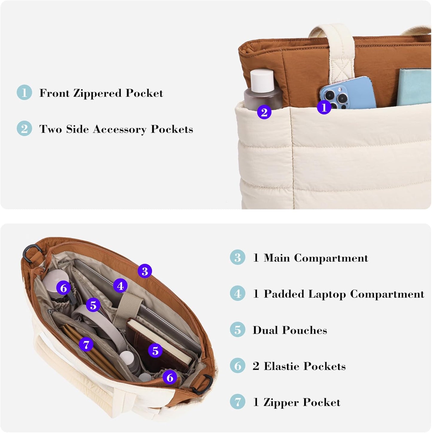 AOCINA Puffy Tote Bag for Women Quilted Work Bag Nurse Bags Women's Handbags for Travel