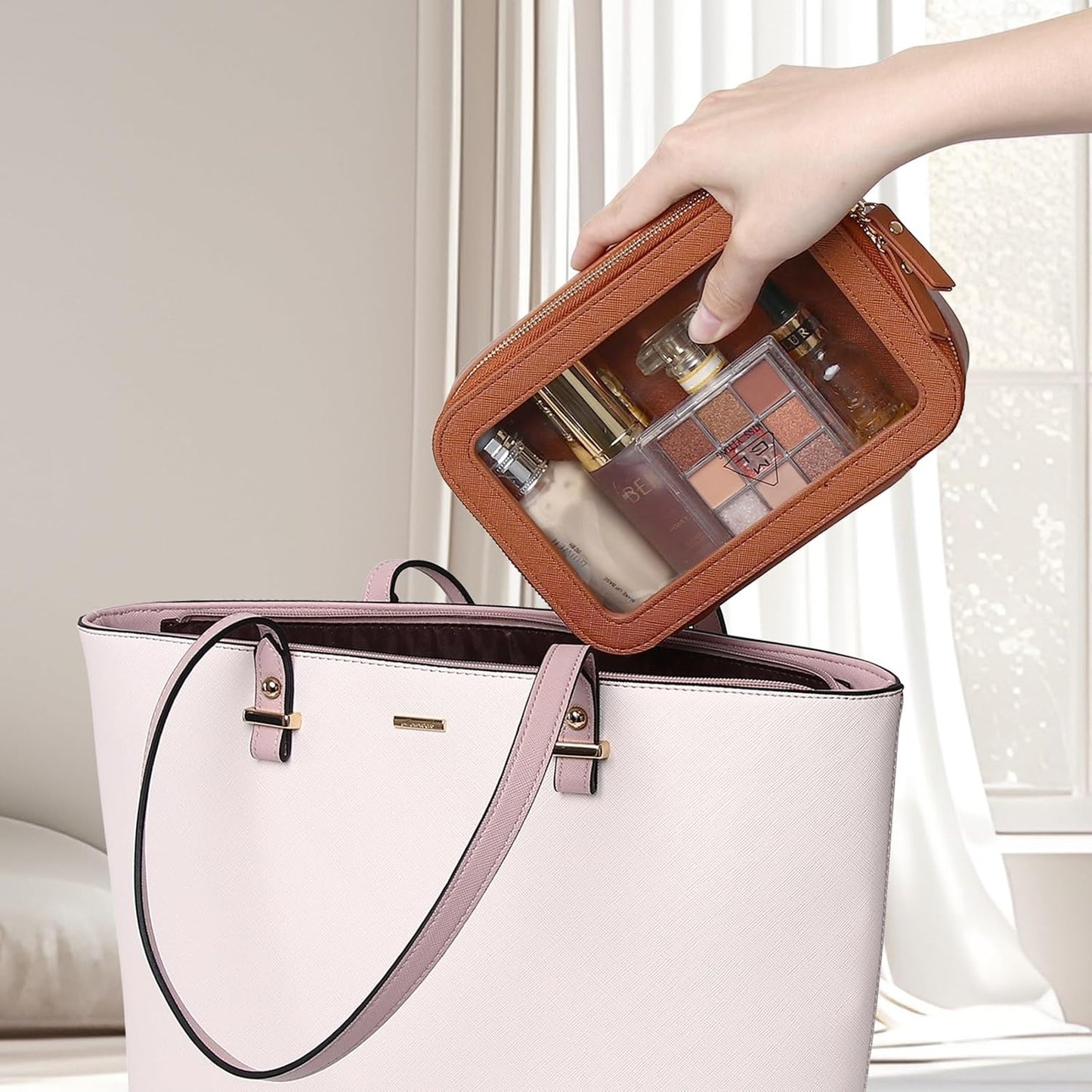 Clear Makeup Bag Small Cosmetic & Toiletry Bag Waterproof Travel Case Women's Pouch Organizer Makeup Bag for Car with Zipper (Brown, Small-1)