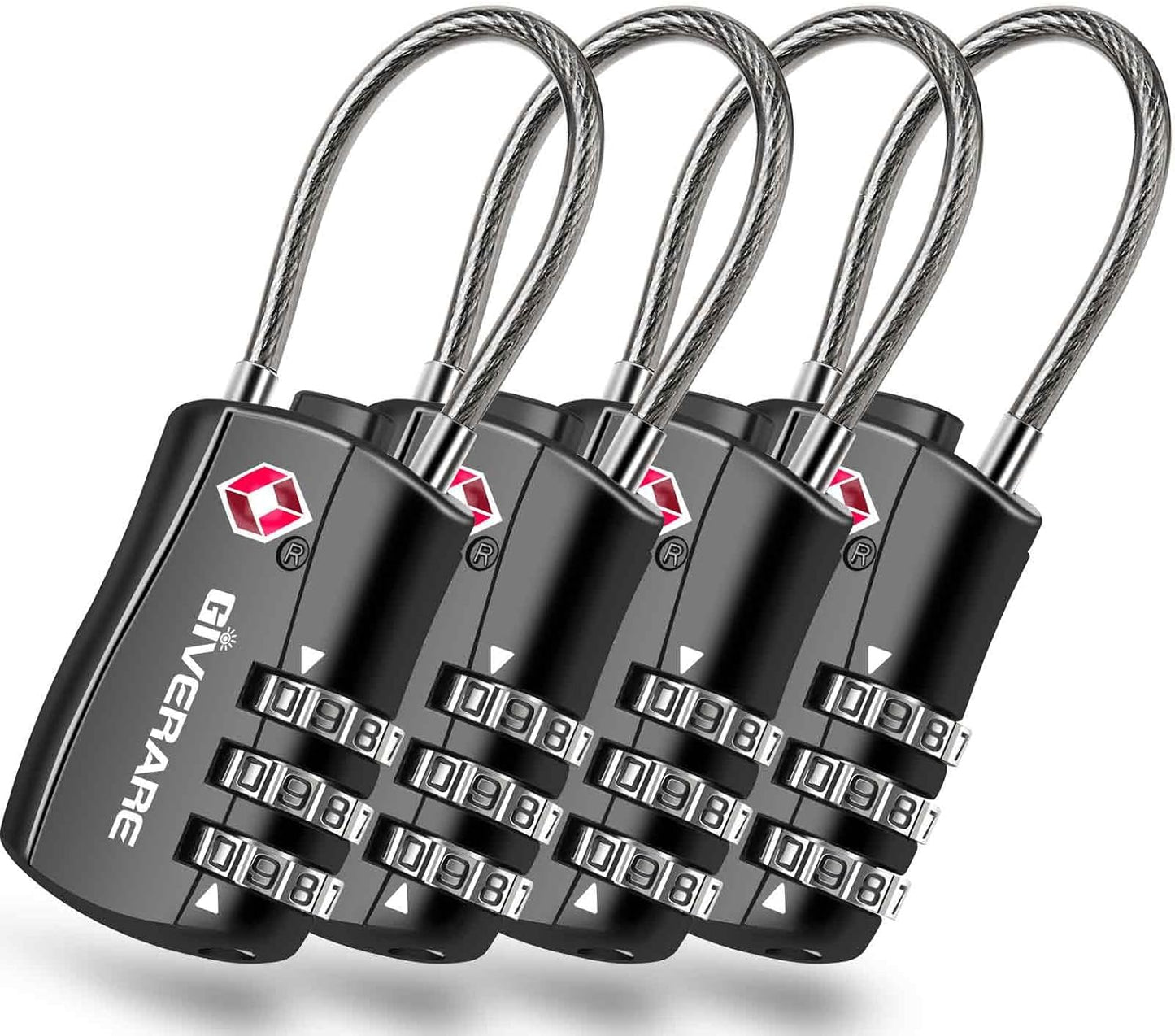 GIVERARE 4 Pack TSA Approved Luggage Locks, Combination Travel Cable Lock, Re-settable 3-Digit