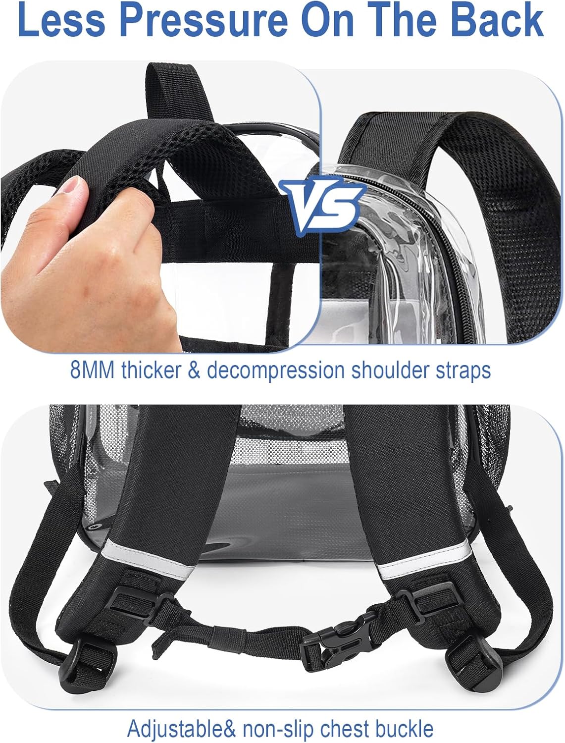Heavy Duty Clear Backpack For Kids Women Men Boys Girls, 17 Inch Large See Through Backpack, 360° 3M Reflective Strips Clear Bookbag, Transparent Bag For School College Sport Work Travel, Black