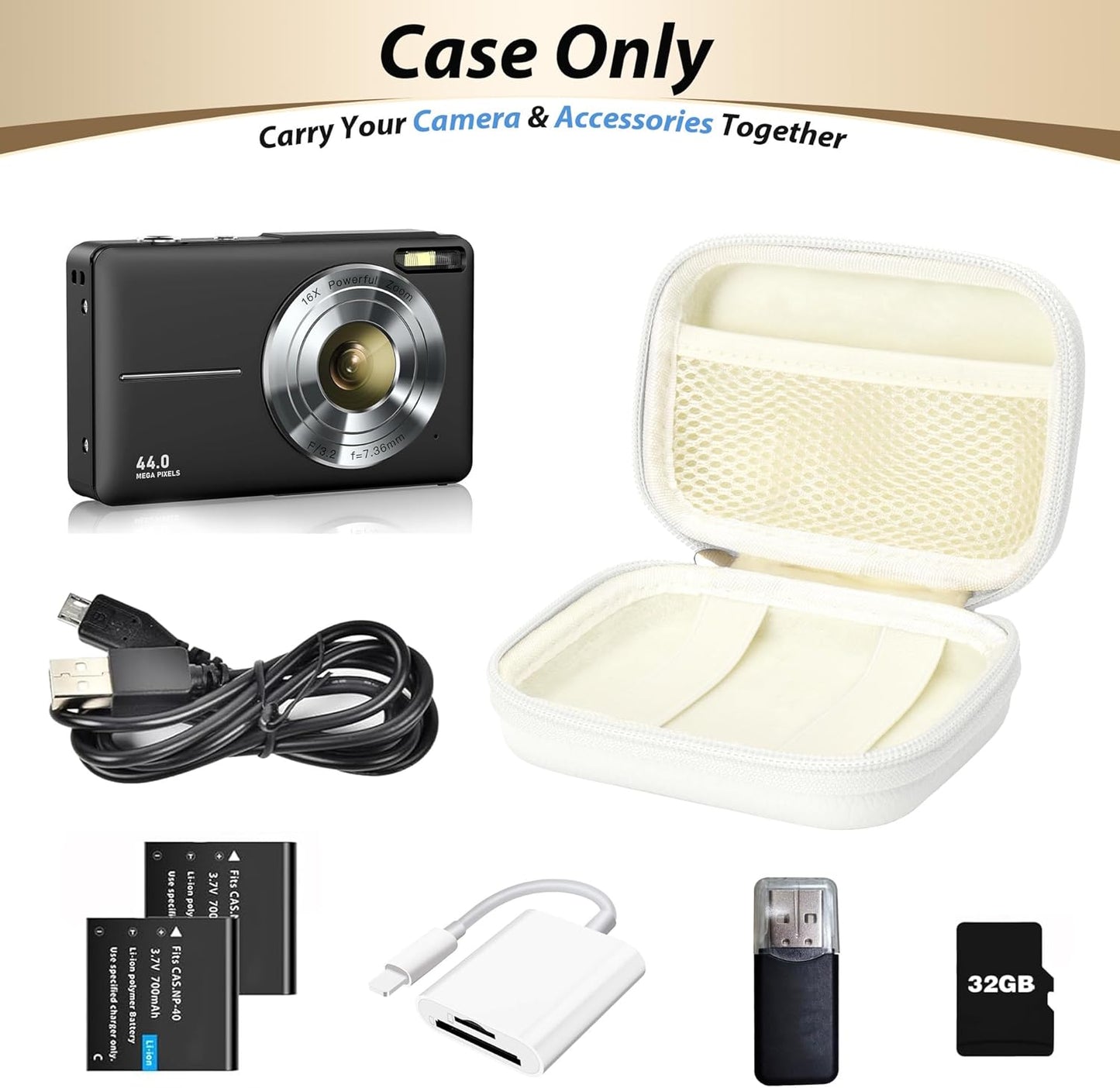 Digital Camera Case for CAMKORY, KODAK PIXPRO FZ45/FZ55, Canon IXUS 285 HS, Lecran, Small Travel Compact Camera Holder with Mesh Pocket for Accessories SD Card (White)