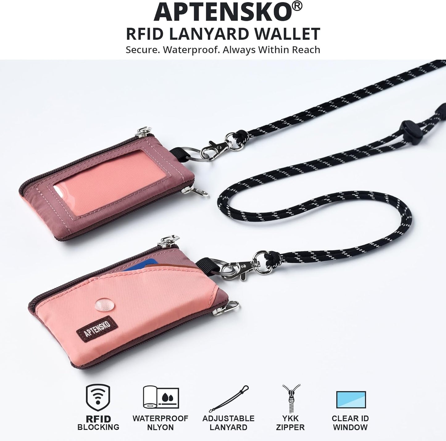 RFID Travel Wallet with Adjustable Lanyard-Zipper Small Wallet with ID Card Holder, Keychain for women&men-Minimalist Slim Waterproof Nylon case for ID, Cash, Key (CoralBlush+Mauve)