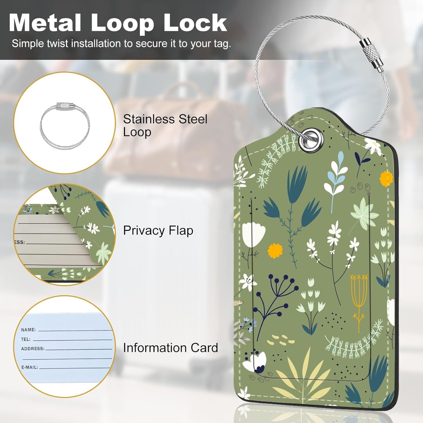 2Pack Luggage Tags for Suitcases, Cute Unique Pu Leather Cruise Luggage Tag with Privacy Cover ID Label Address Card and Metal Ring Suitable for Women Men Kids Travel Bag Green Crush 6