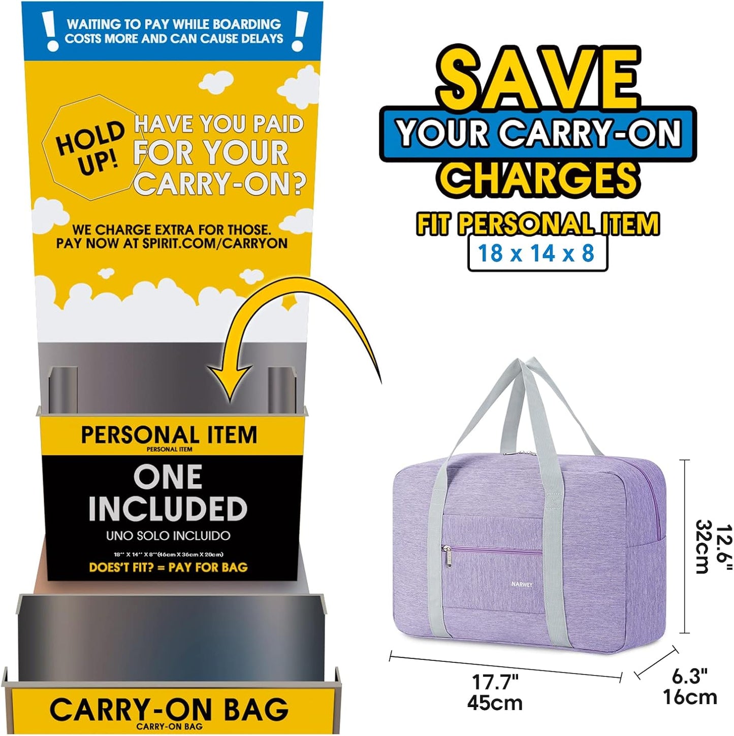 For Spirit Airlines Personal Item Bag 18x14x8 Foldable Travel Duffel Bag Tote Carry on Luggage Duffle Overnight for Women and Men
