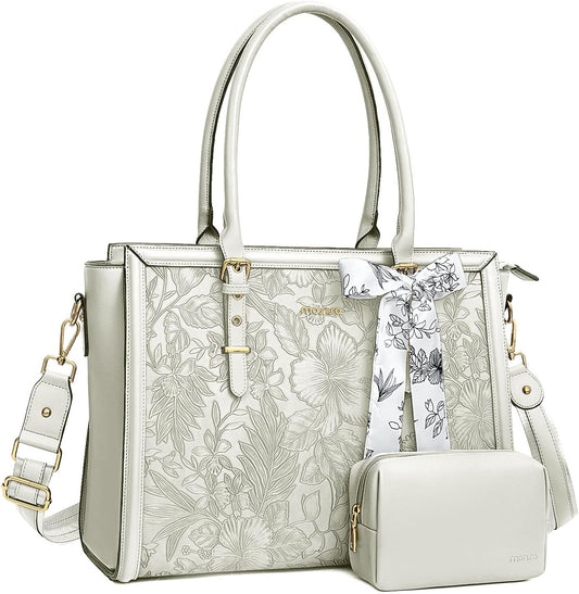 MOSISO Laptop Bag for Women, PU Leather Tote Bag, Front Embossed Retro Hibiscus Computer Bags with Silk Scarf&Clutch Purse