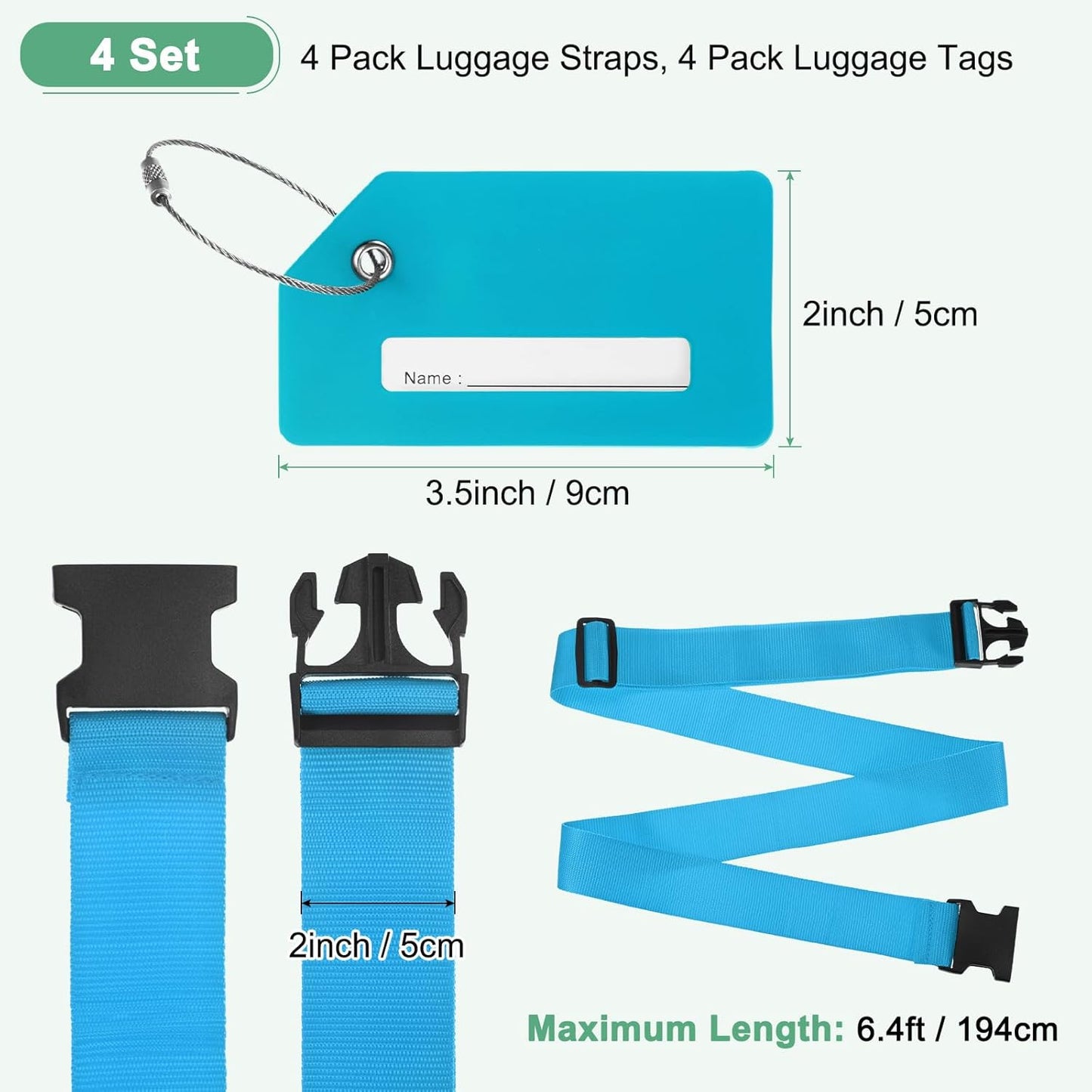 4-Sets Luggage Straps TSA Approved, Travel Straps for Luggage Suitcase Tags Set, Adjustable Suitcase Belt [Sky Blue]