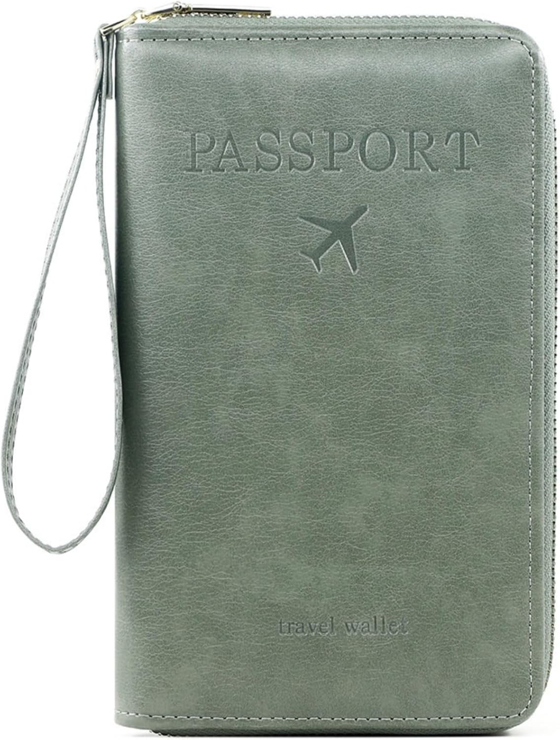 S-11 RFID Blocking Passport Holder Travel Wallet, Slim Zipper Card Case with ID Window, Boarding Pass Slot & Credit Card Organizer for Men and Women. (Green)