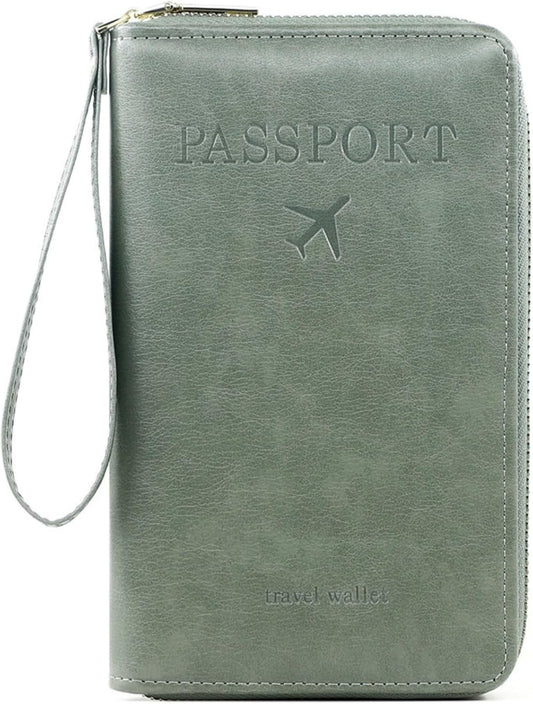 S-11 RFID Blocking Passport Holder Travel Wallet, Slim Zipper Card Case with ID Window, Boarding Pass Slot & Credit Card Organizer for Men and Women. (Green)