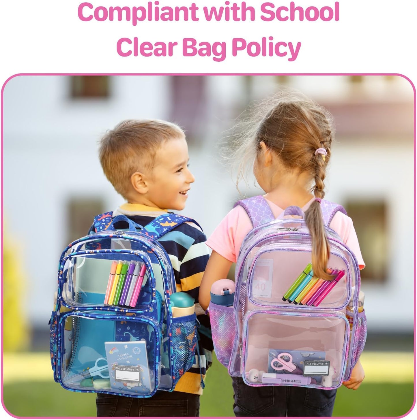 Bagseri 2pcs Clear Backpack for Girls - 15 Inch Backpack and Pencil Case Set, Heavy Duty Transparent Bookbag for School, See Through Bag for Kids Aged 3 to 8, Purple Mermaid
